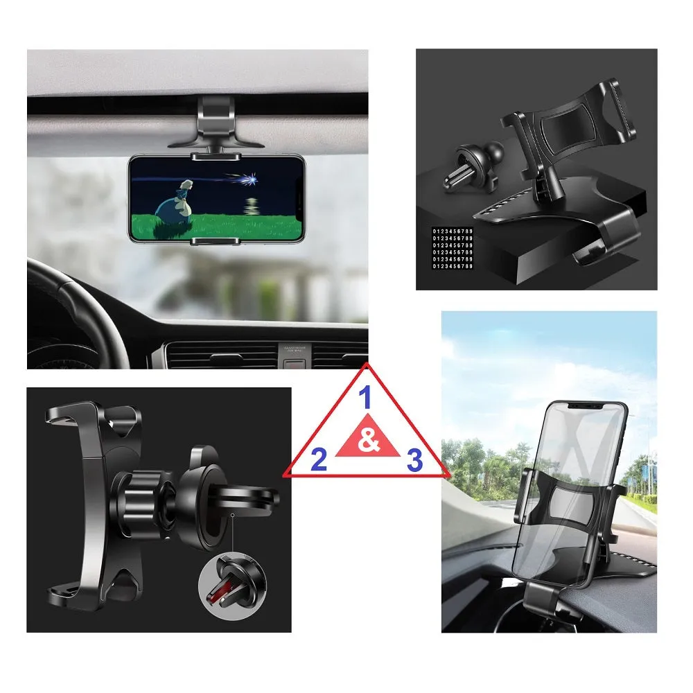 3 in 1 Car GPS Smartphone Holder: Dashboard / Visor Clamp   AC Grid Clip for Sony Xperia 1 Professional Edition (2019) - Black