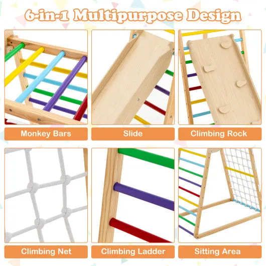 6-in-1 Jungle Gym Wooden Indoor Playground With Double-Sided Ramp and Monkey Bars-Multicolor