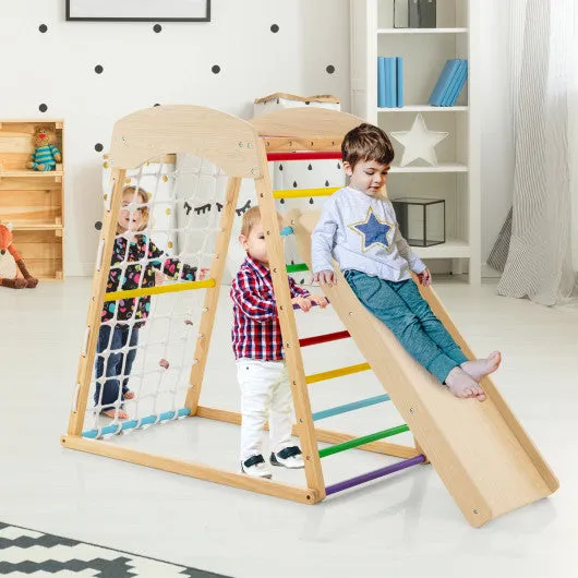 6-in-1 Jungle Gym Wooden Indoor Playground With Double-Sided Ramp and Monkey Bars-Multicolor