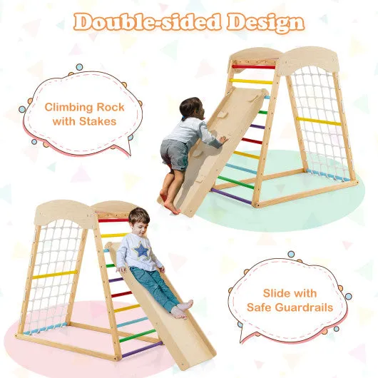 6-in-1 Jungle Gym Wooden Indoor Playground With Double-Sided Ramp and Monkey Bars-Multicolor