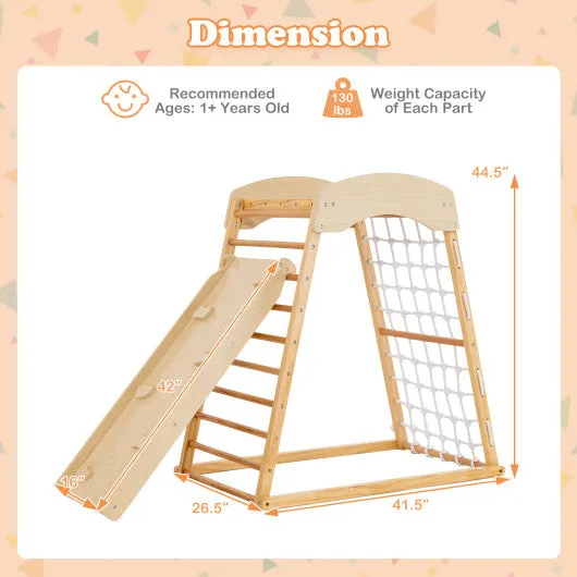 6-in-1 Jungle Gym Wooden Indoor Playground With Double-Sided Ramp and Monkey Bars-Natural
