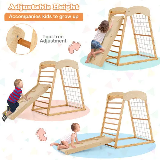 6-in-1 Jungle Gym Wooden Indoor Playground With Double-Sided Ramp and Monkey Bars-Natural