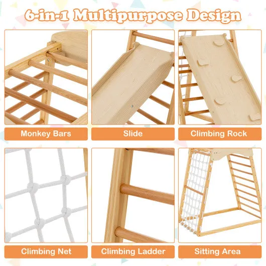 6-in-1 Jungle Gym Wooden Indoor Playground With Double-Sided Ramp and Monkey Bars-Natural