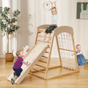 6-in-1 Jungle Gym Wooden Indoor Playground With Double-Sided Ramp and Monkey Bars-Natural