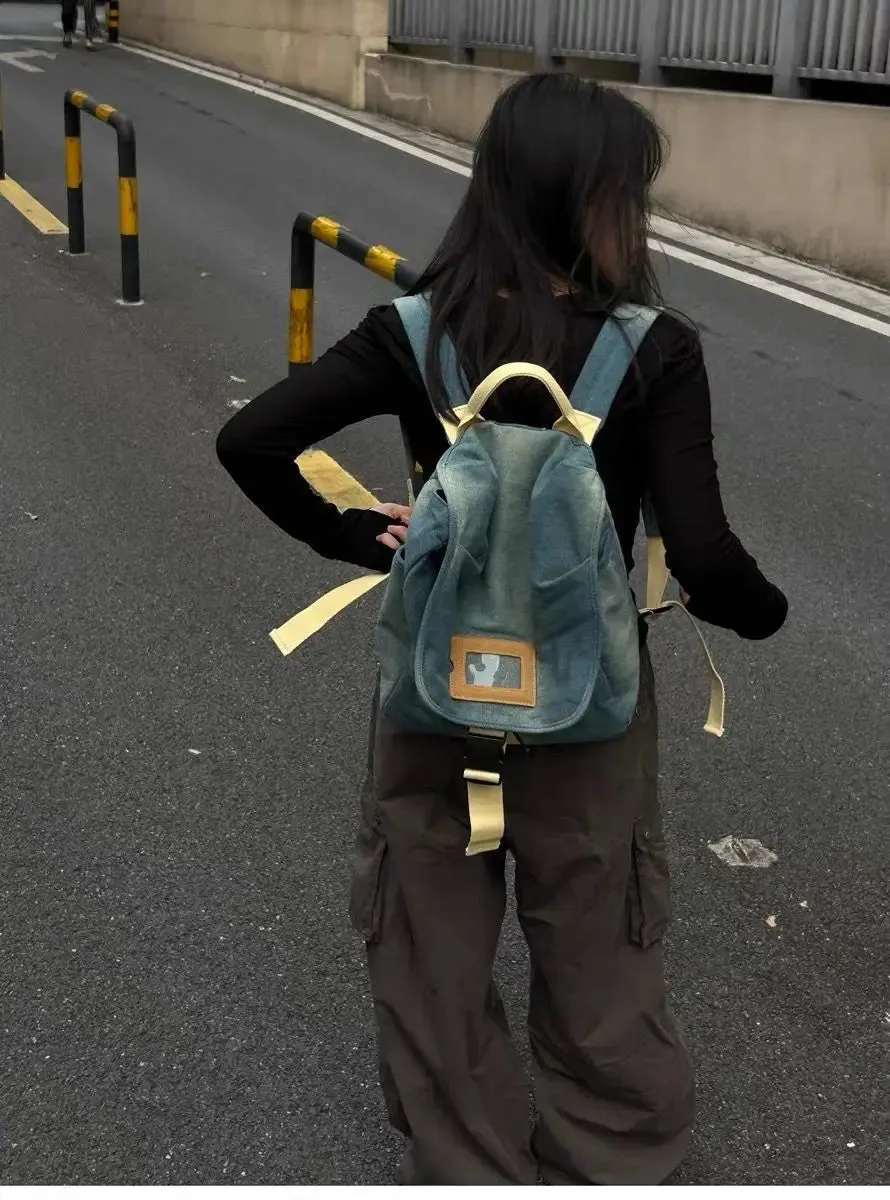 UAKISS  -   Harajuku Denim Backpack Women Retro Preppy Style Large Capacity Y2k Backpacks Female Casual Schoolbag Mochila Aesthetic
