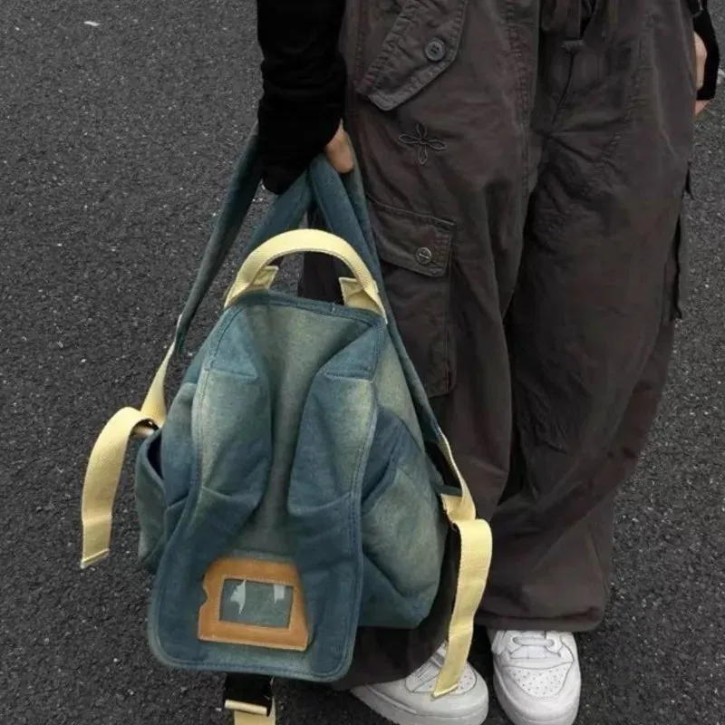 UAKISS  -   Harajuku Denim Backpack Women Retro Preppy Style Large Capacity Y2k Backpacks Female Casual Schoolbag Mochila Aesthetic