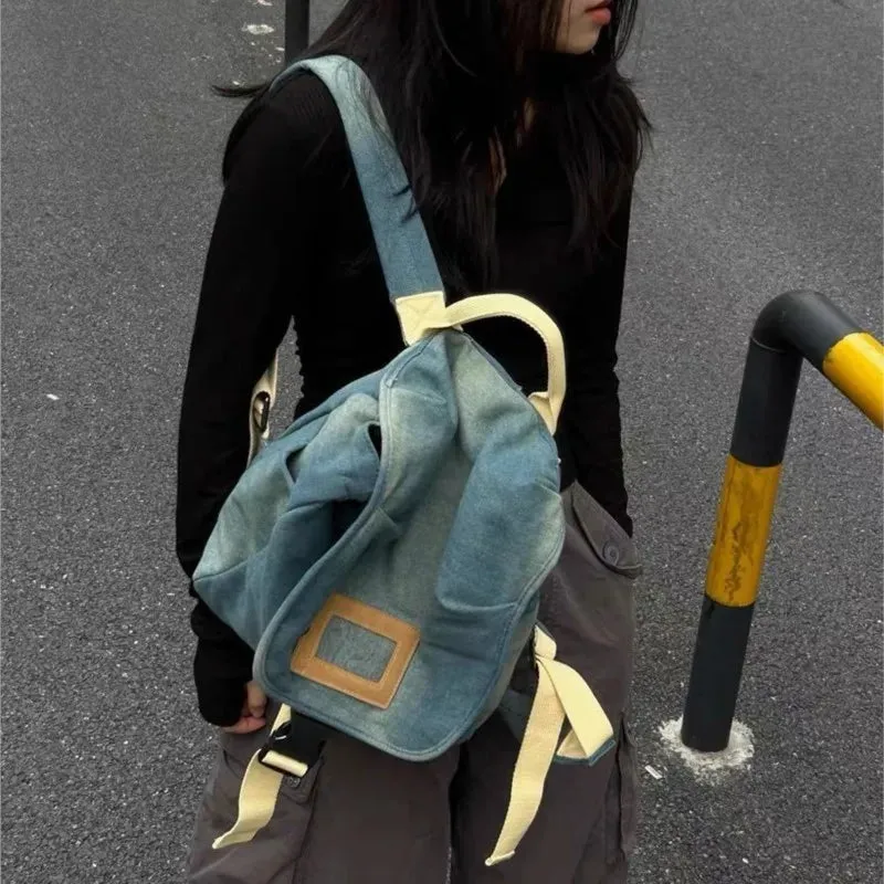 UAKISS  -   Harajuku Denim Backpack Women Retro Preppy Style Large Capacity Y2k Backpacks Female Casual Schoolbag Mochila Aesthetic