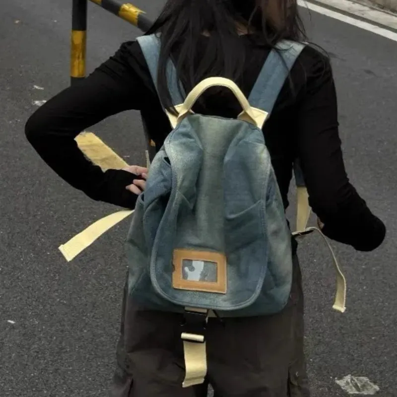 UAKISS  -   Harajuku Denim Backpack Women Retro Preppy Style Large Capacity Y2k Backpacks Female Casual Schoolbag Mochila Aesthetic