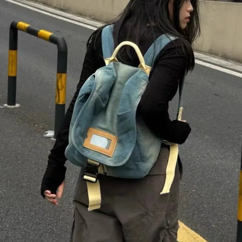 UAKISS  -   Harajuku Denim Backpack Women Retro Preppy Style Large Capacity Y2k Backpacks Female Casual Schoolbag Mochila Aesthetic